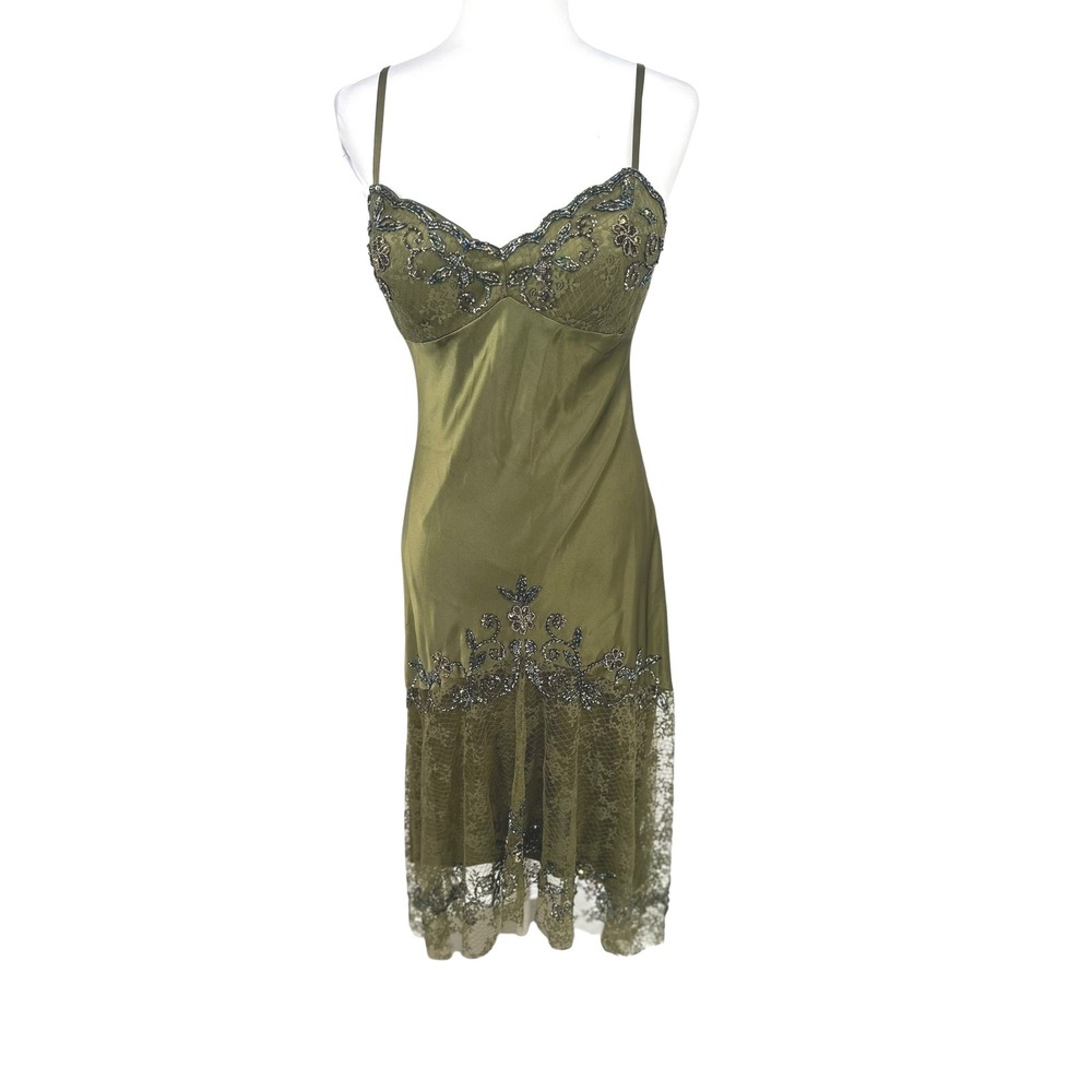 Xscape Slip Midi Dress 10 Green Lace Satin Y2K Formal Forest Fairy Whimsigoth